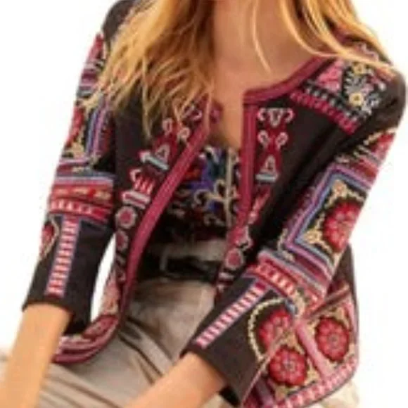 NTHR Women’s Open Front Embroidered Beaded Black Cotton Crop Jacket - Picture 5 of 12